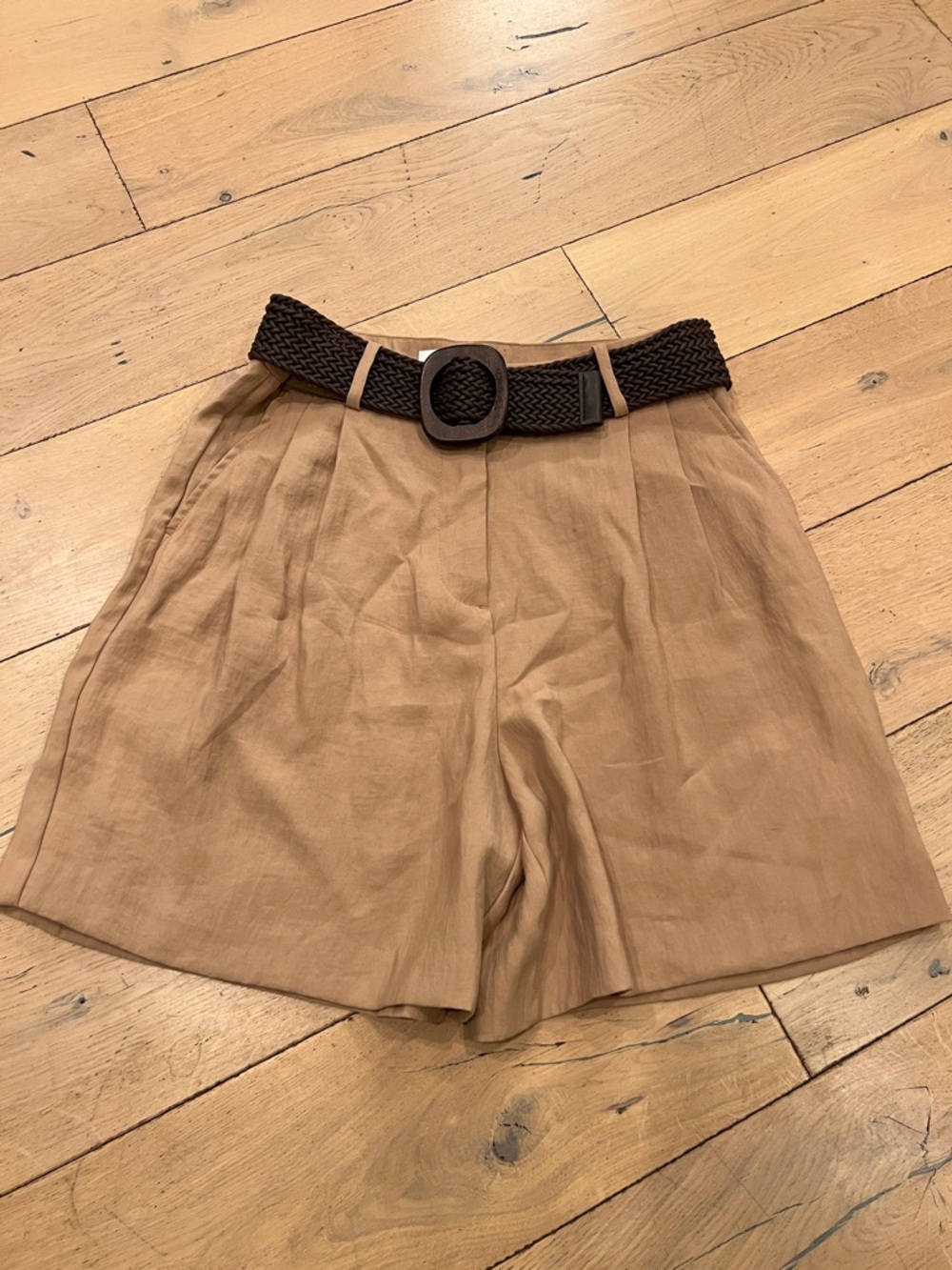 Zara Tan High-Waist Linen-Blend Shorts with Brown Woven Belt